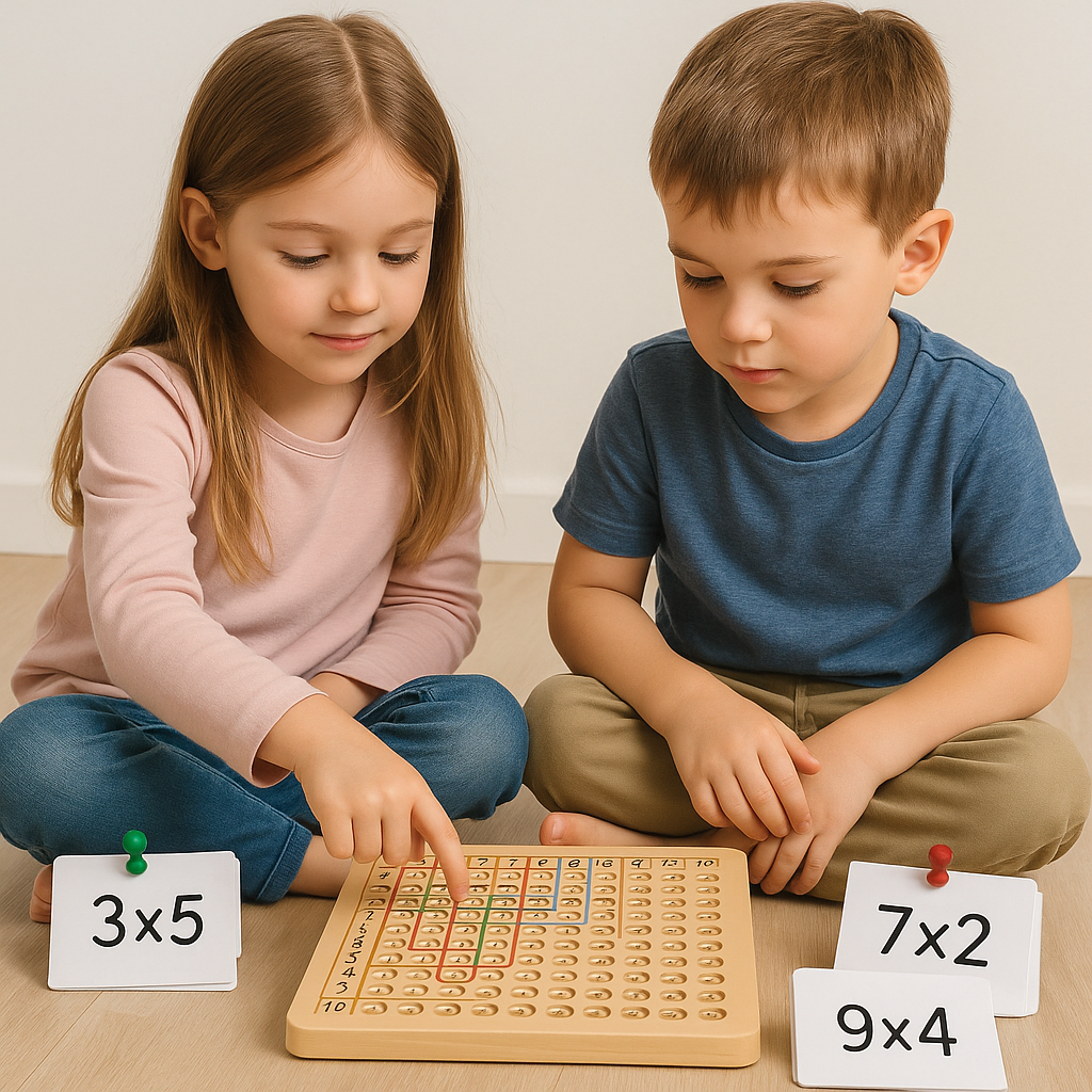 Wooden Board Game with Number Chips and Interactive Cards for Counting, Adding and Multiplying