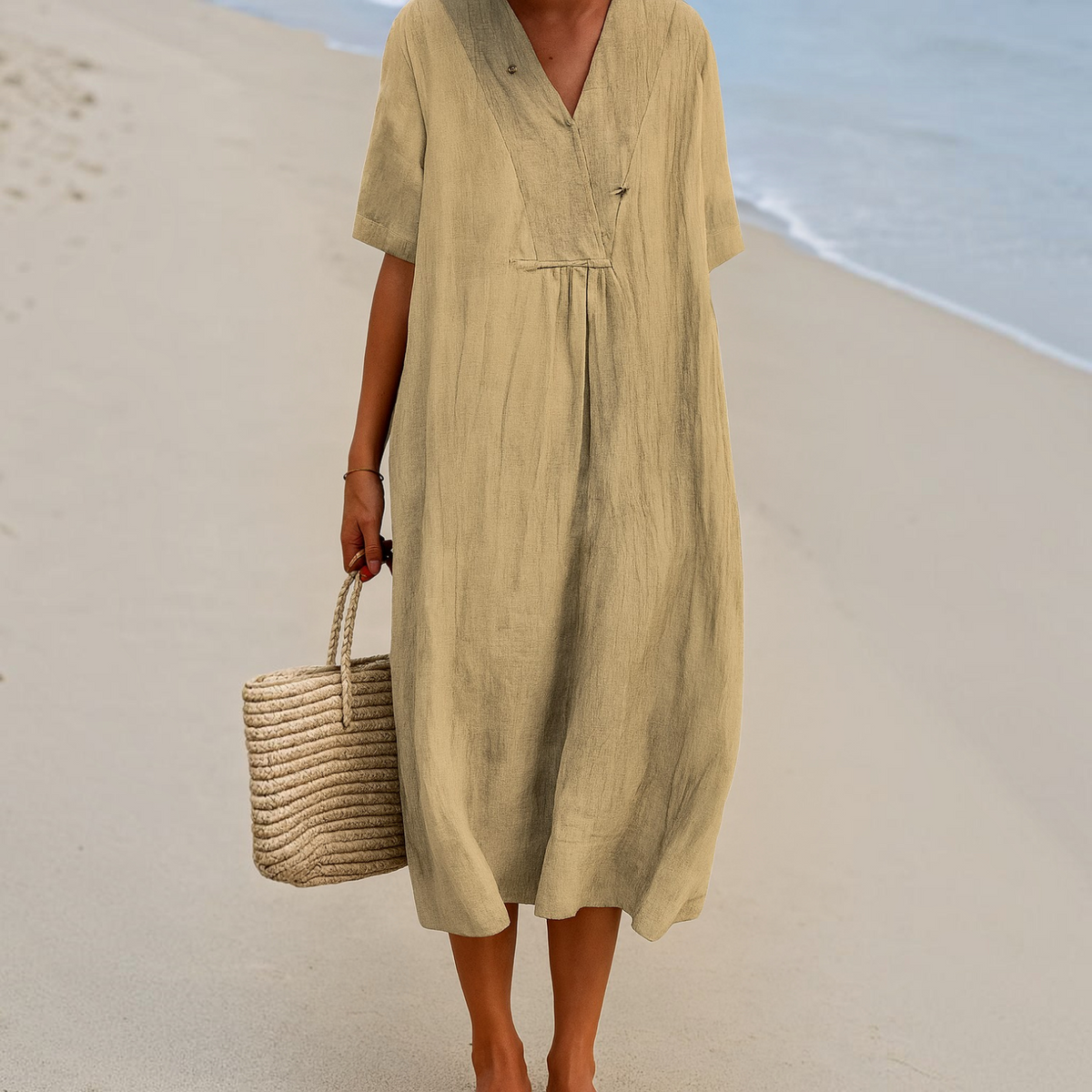 Lightweight Polyester Beach Dress with V-Neck and Slip-On Design