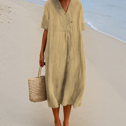 Lightweight Polyester Beach Dress with V-Neck and Slip-On Design