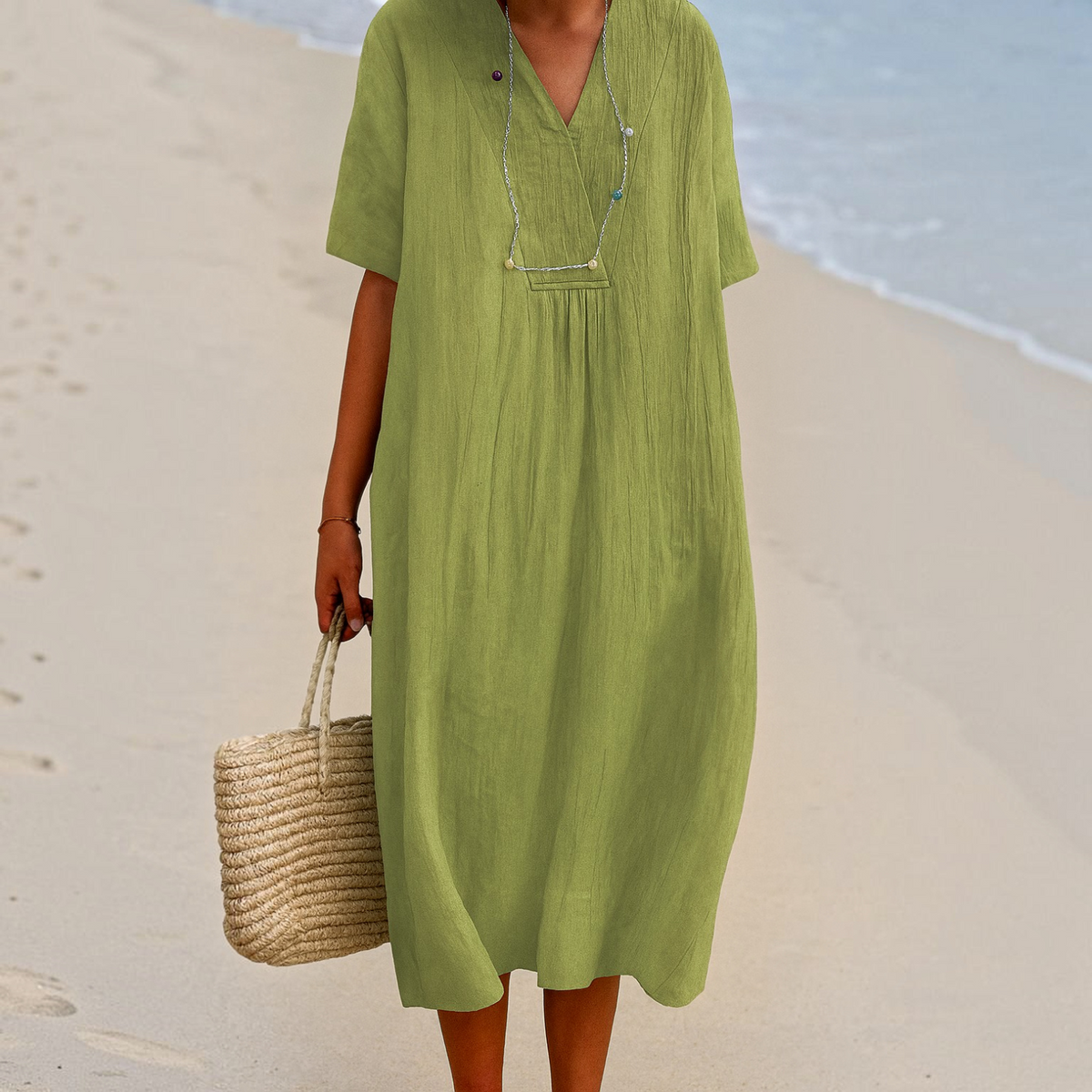 Lightweight Polyester Beach Dress with V-Neck and Slip-On Design
