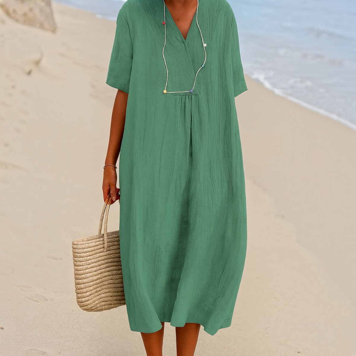 Lightweight Polyester Beach Dress with V-Neck and Slip-On Design