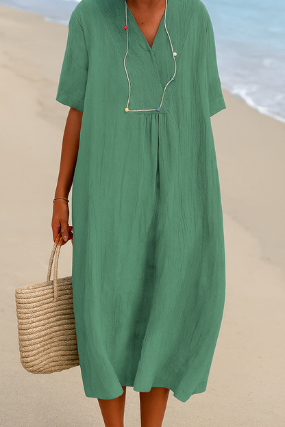 Lightweight Polyester Beach Dress with V-Neck and Slip-On Design