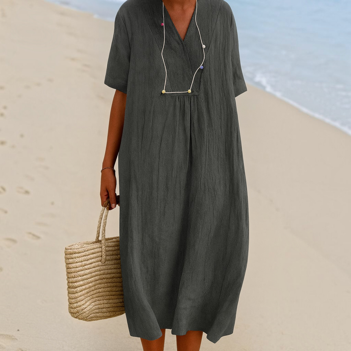 Lightweight Polyester Beach Dress with V-Neck and Slip-On Design