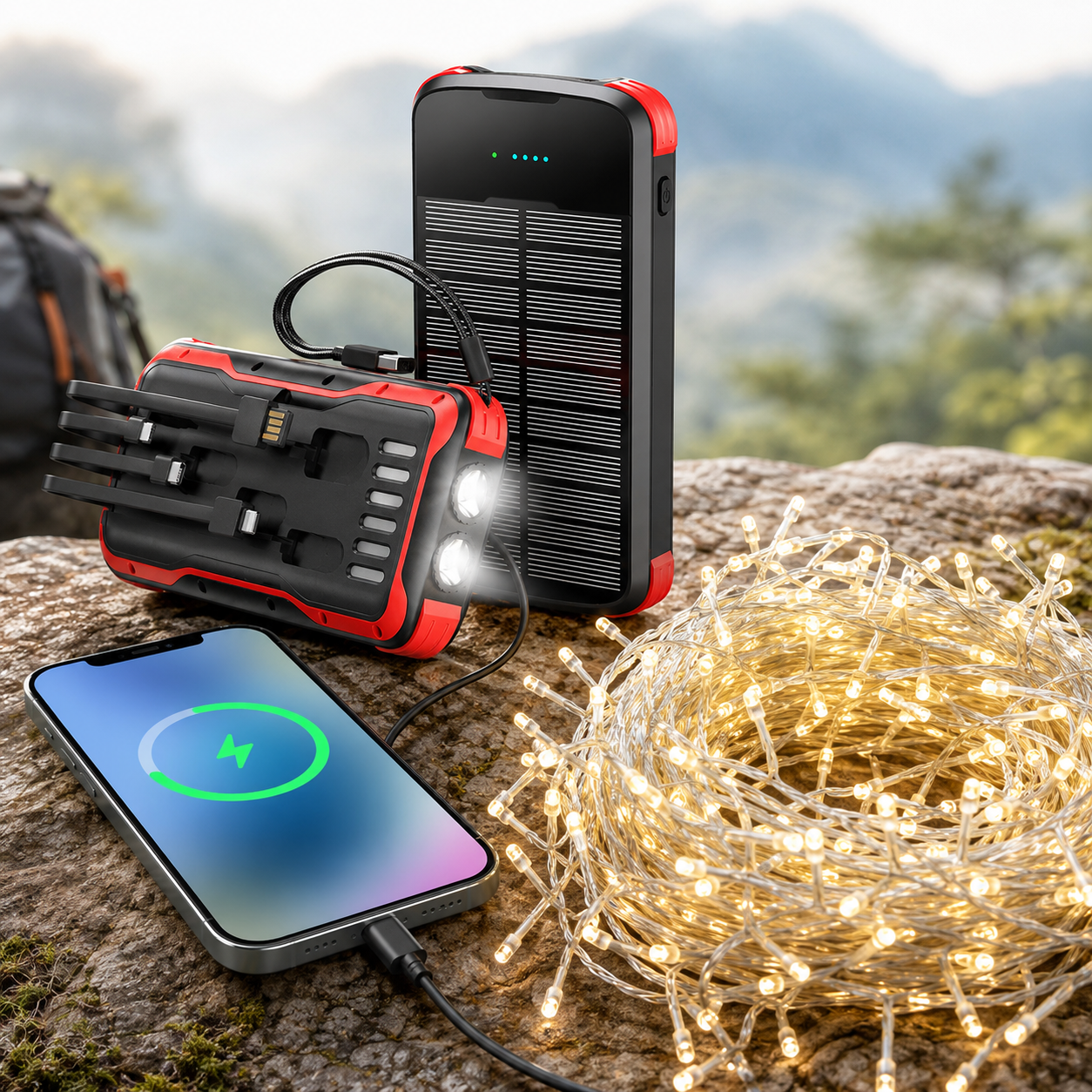 Solar Power Bank with Integrated Multi Tip Cables and LED Floodlight