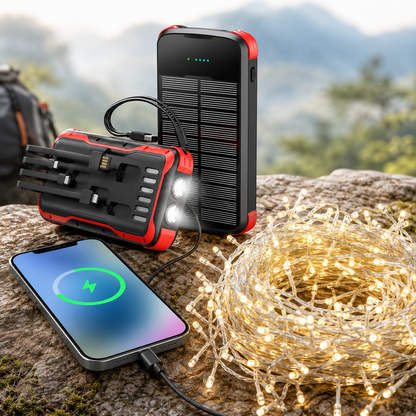 Solar Power Bank with Integrated Multi Tip Cables and LED Floodlight