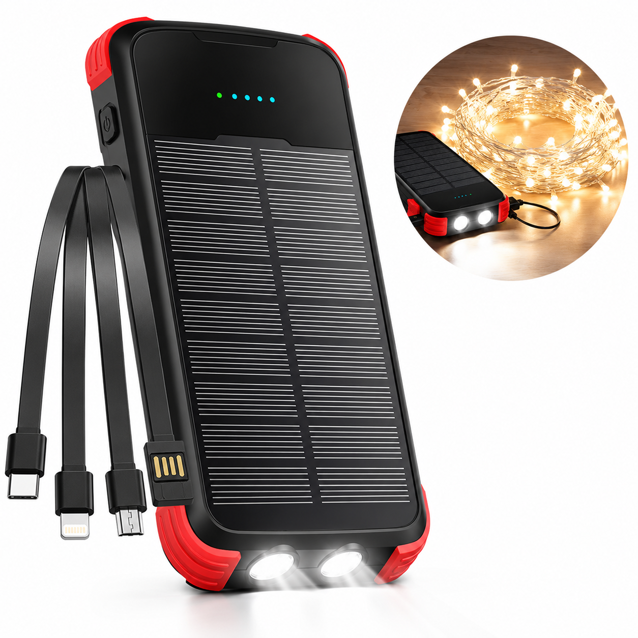 Solar Power Bank with Integrated Multi Tip Cables and LED Floodlight