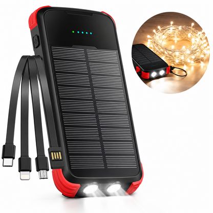 Solar Power Bank with Integrated Multi Tip Cables and LED Floodlight