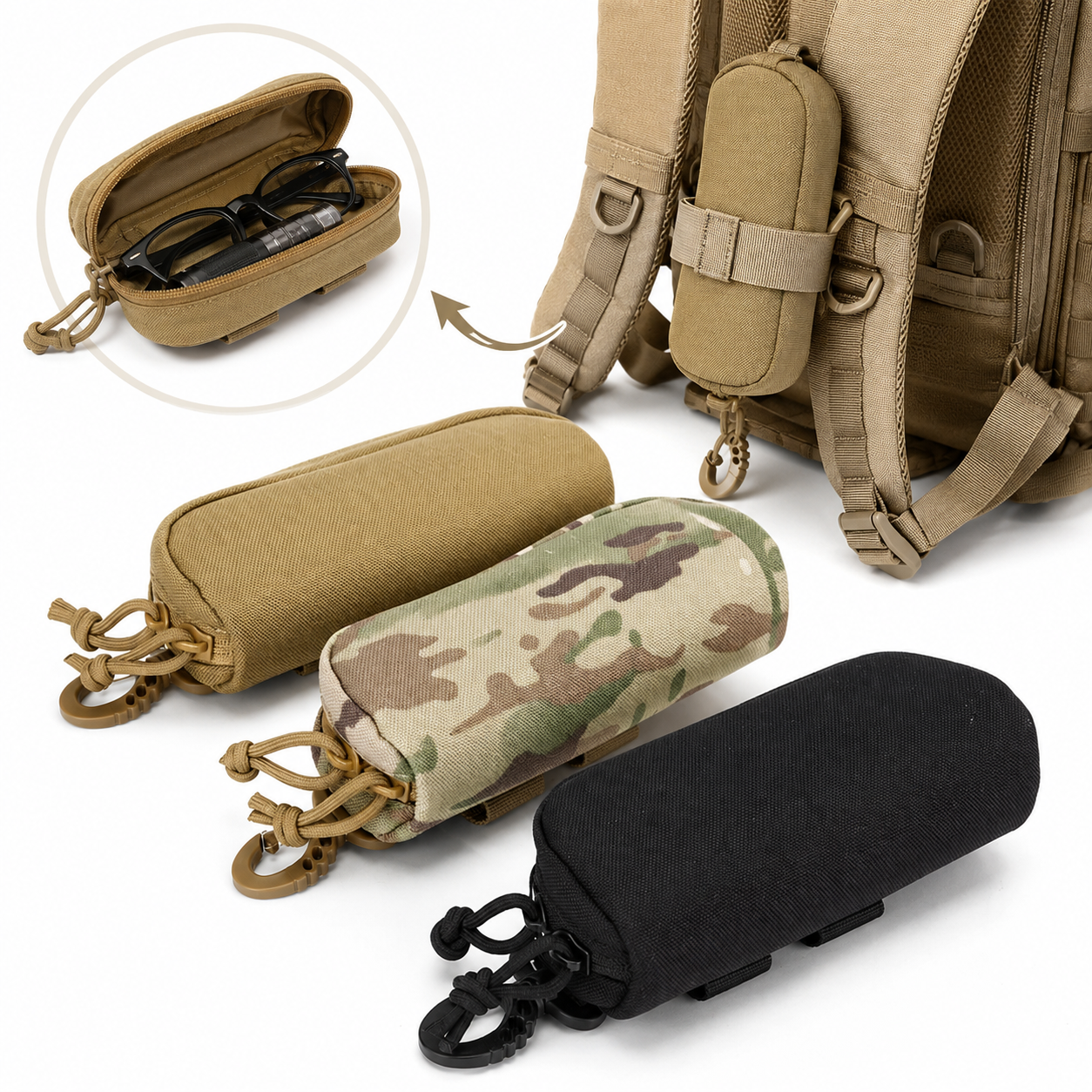 Eyewear Storage Pouch with Semi Rigid Shell and Carabiner Clip, Canvas Construction