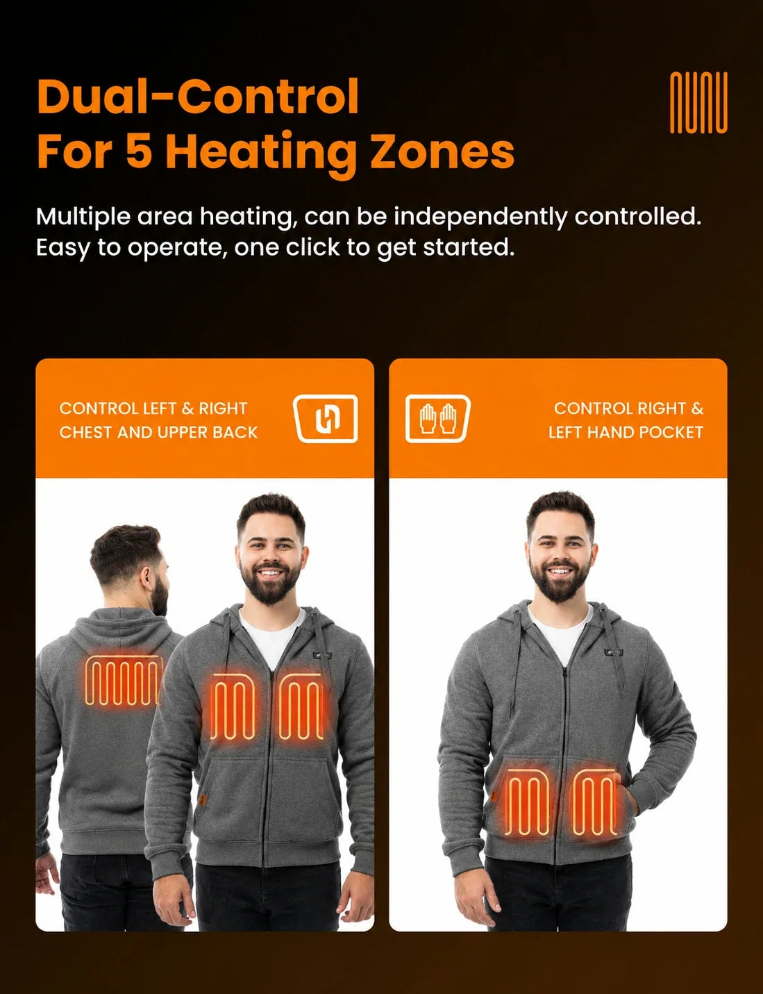 Heated Zip Hoodie with Five Warming Zones and Dual Zone Controls for Cold Weather