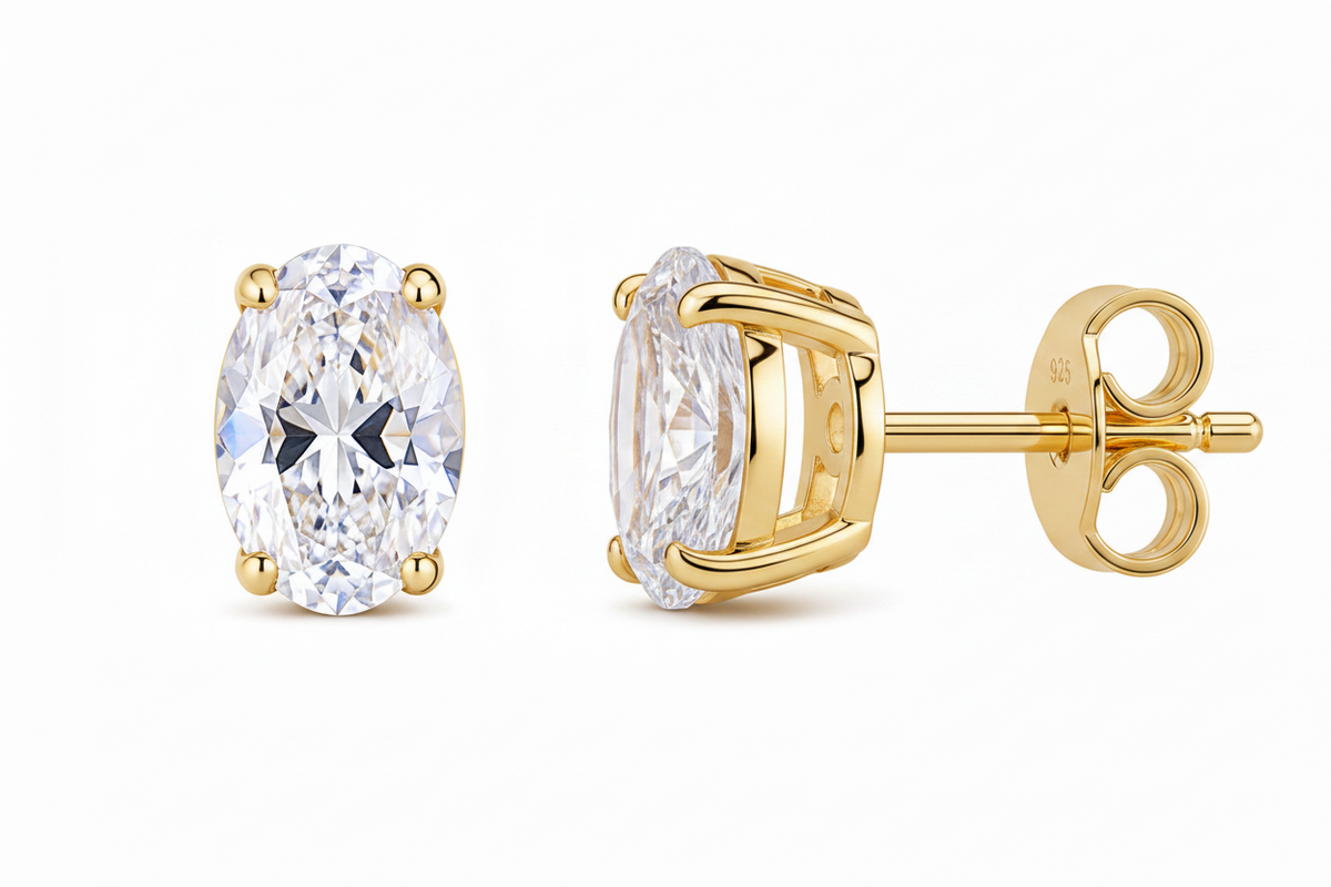 Moissanite Oval Stud Earrings with D Color VVS1 Clarity and Sterling Silver Setting