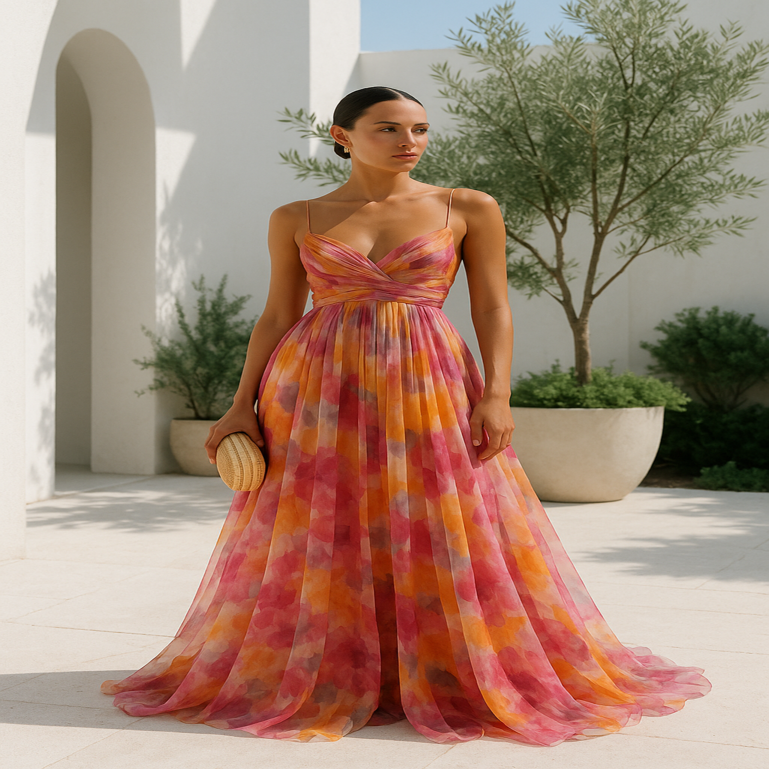 Women's Maxi Dress – Multicolor, Thin Straps, V-Neck, Fluid Silhouette