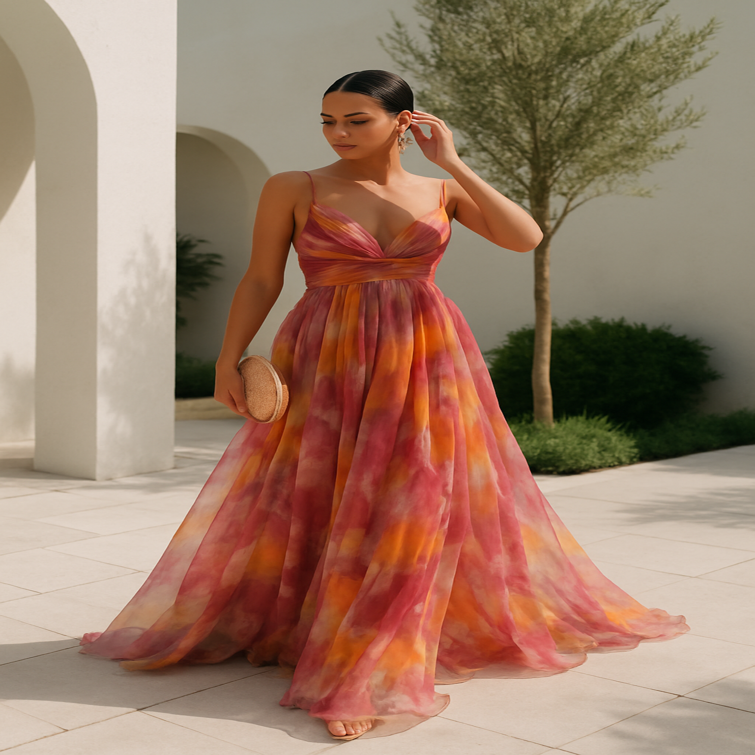Women's Maxi Dress – Multicolor, Thin Straps, V-Neck, Fluid Silhouette