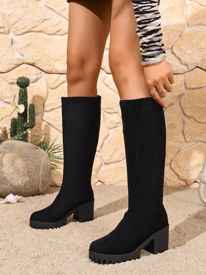 Knee High Block Heel Boots with Back Zipper and Rounded Toe