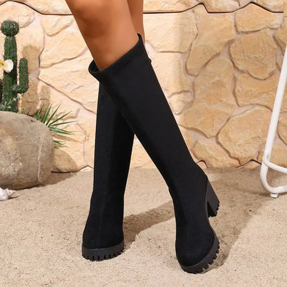 Knee High Block Heel Boots with Back Zipper and Rounded Toe