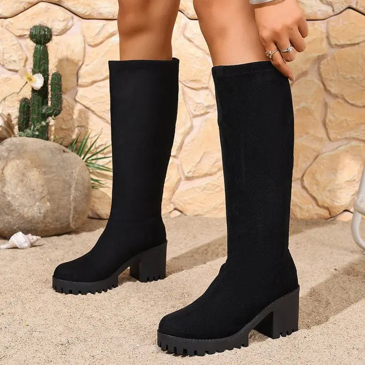 Knee High Block Heel Boots with Back Zipper and Rounded Toe