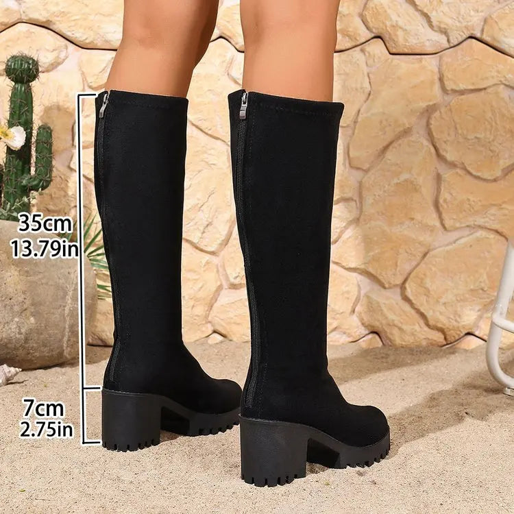 Knee High Block Heel Boots with Back Zipper and Rounded Toe