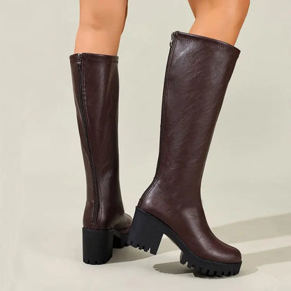 Knee High Block Heel Boots with Back Zipper and Rounded Toe