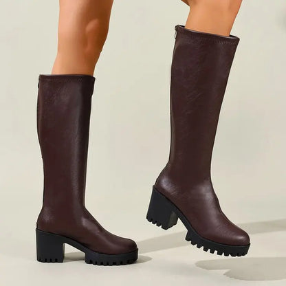 Knee High Block Heel Boots with Back Zipper and Rounded Toe