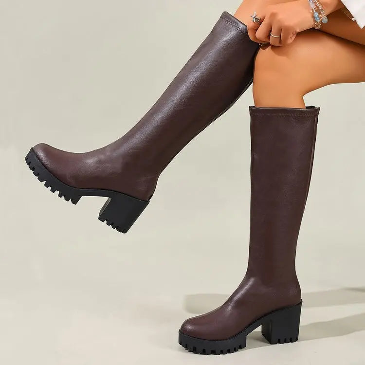 Knee High Block Heel Boots with Back Zipper and Rounded Toe