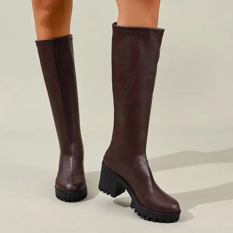 Knee High Block Heel Boots with Back Zipper and Rounded Toe