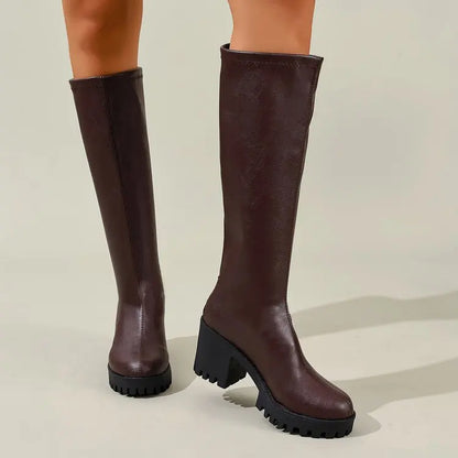 Knee High Block Heel Boots with Back Zipper and Rounded Toe