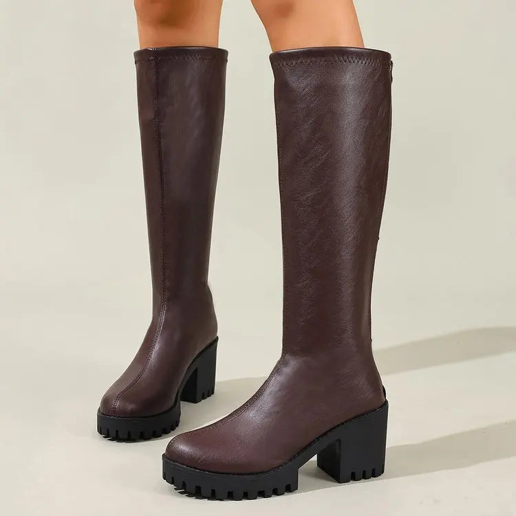 Knee High Block Heel Boots with Back Zipper and Rounded Toe