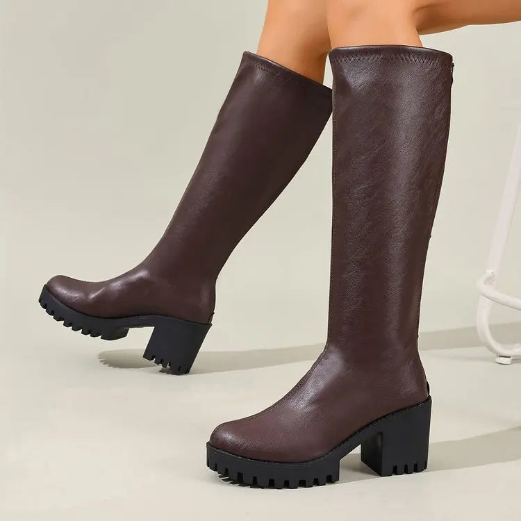 Knee High Block Heel Boots with Back Zipper and Rounded Toe