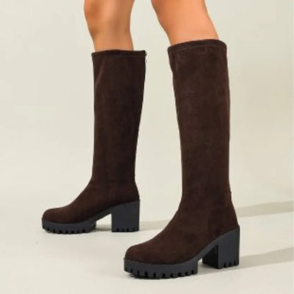 Knee High Block Heel Boots with Back Zipper and Rounded Toe
