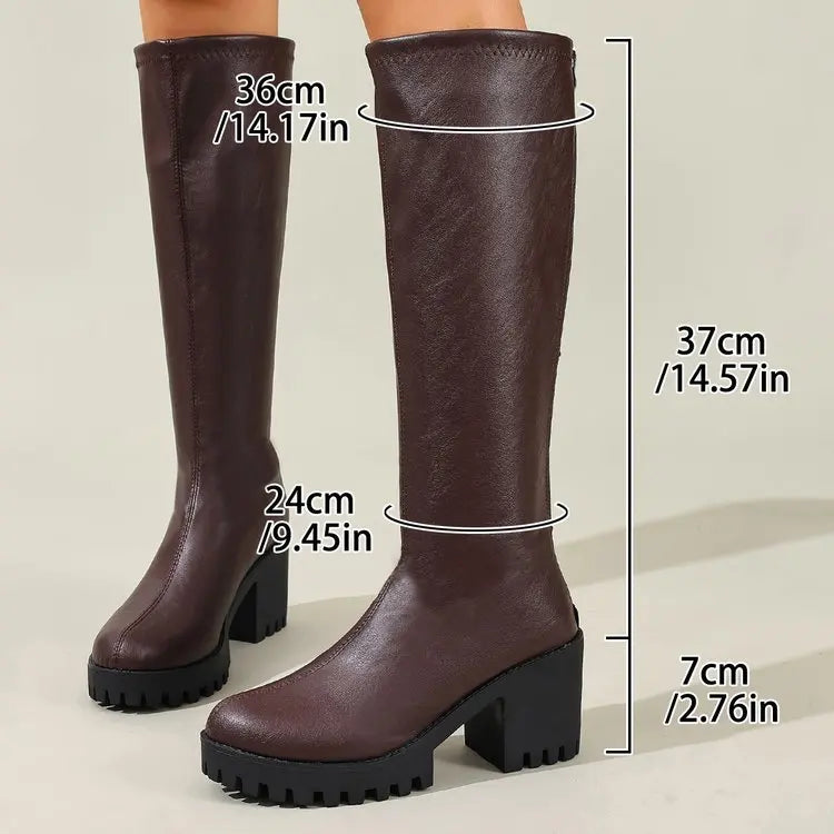 Knee High Block Heel Boots with Back Zipper and Rounded Toe