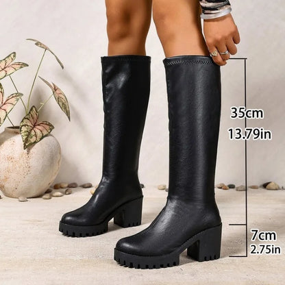 Knee High Block Heel Boots with Back Zipper and Rounded Toe