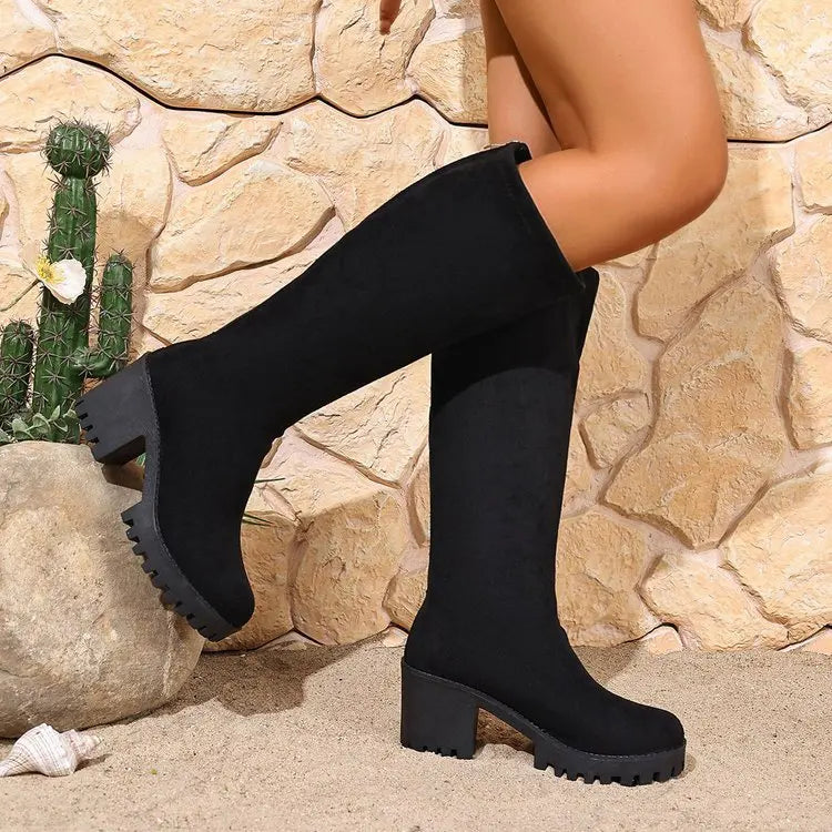 Knee High Block Heel Boots with Back Zipper and Rounded Toe