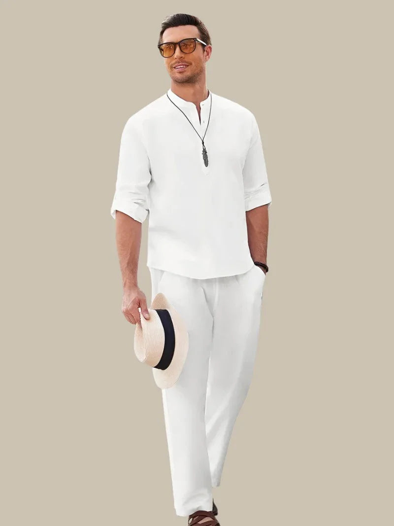 Men's Short Sleeve Button Shirt and Elastic Waist Shorts Set