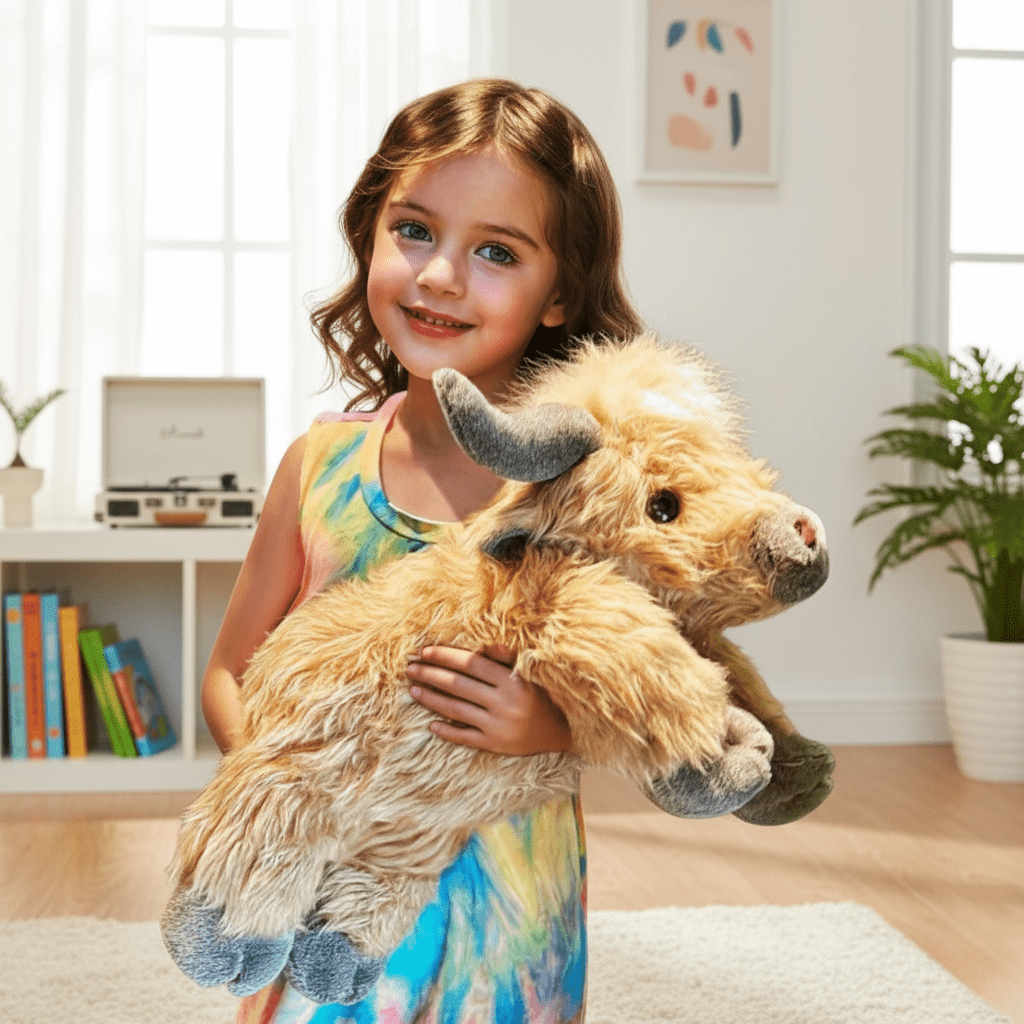 Highland Cow Plush Toy  Soft Brown Fluffy Farm Animal - Detailed view