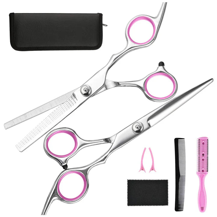 Haircutting Scissors and Thinning Shears Set with Finger Rests, Rubber Inserts and an Adjustable Tension Screw