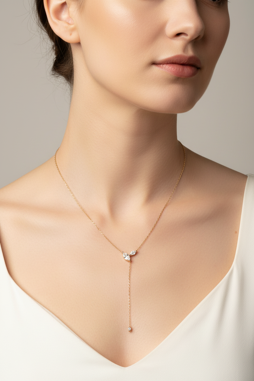 Moissanite Lariat Necklace with Marquise Stones and Y Drop Tassel, 4cttw Sterling Silver