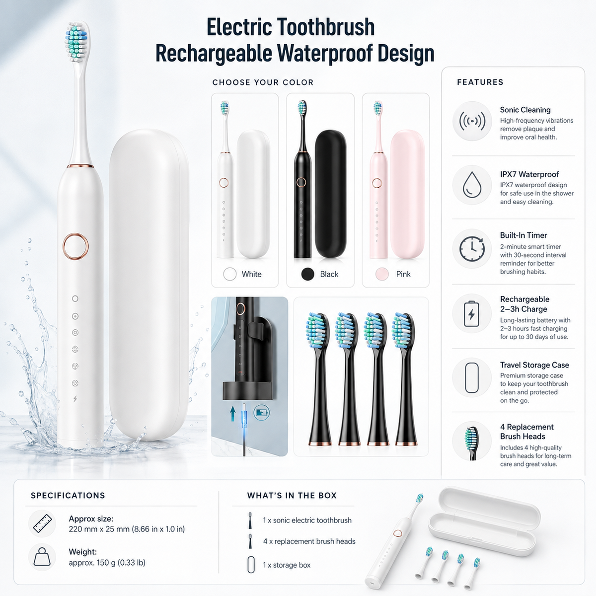 Sonic Electric Toothbrush with Built In Timer and Four Replacement Heads, IPX7 Rated