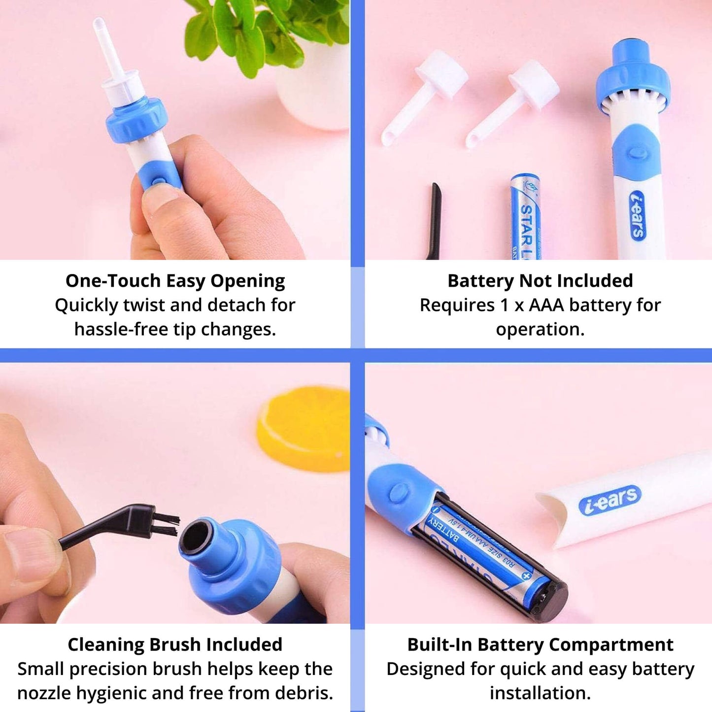 Electric Ear Wax Removal Tool with Silicone Tip and 60-Minute Battery, Portable Design