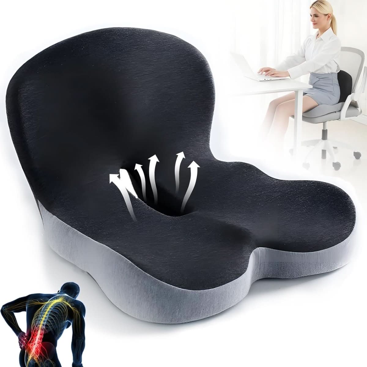 Memory Foam Seat Cushion with Non Slip Base and Machine Washable Cover