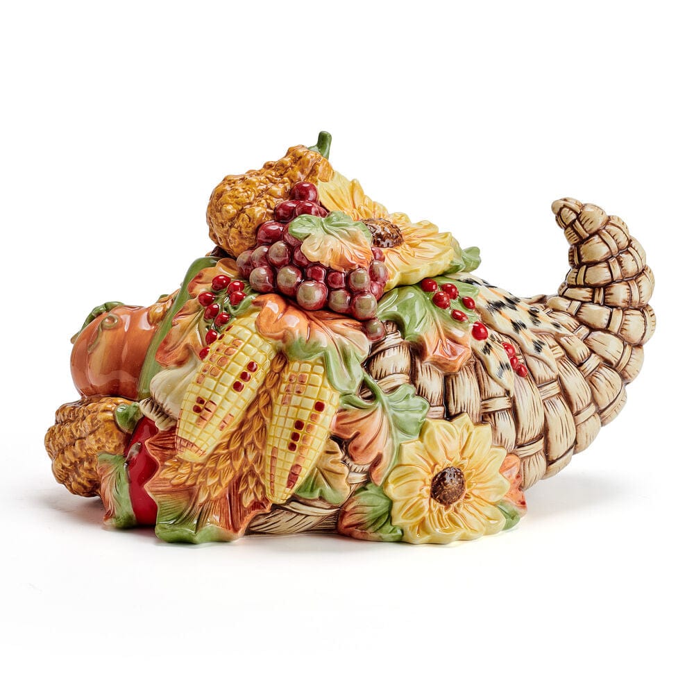 Cornucopia cookie jar with a woven basket shape featuring pumpkins, ears of corn, grapes and sunflowers