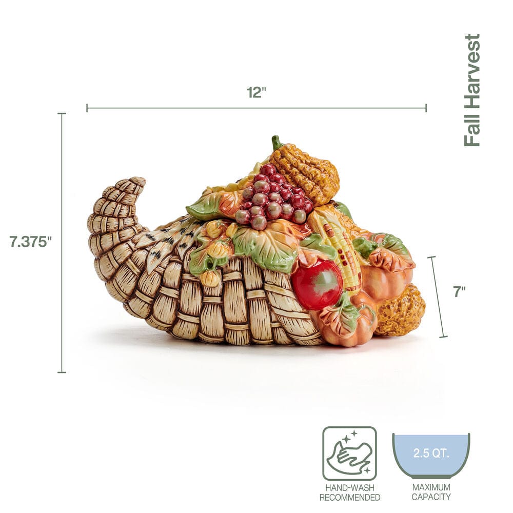 Cornucopia cookie jar shown with dimensions