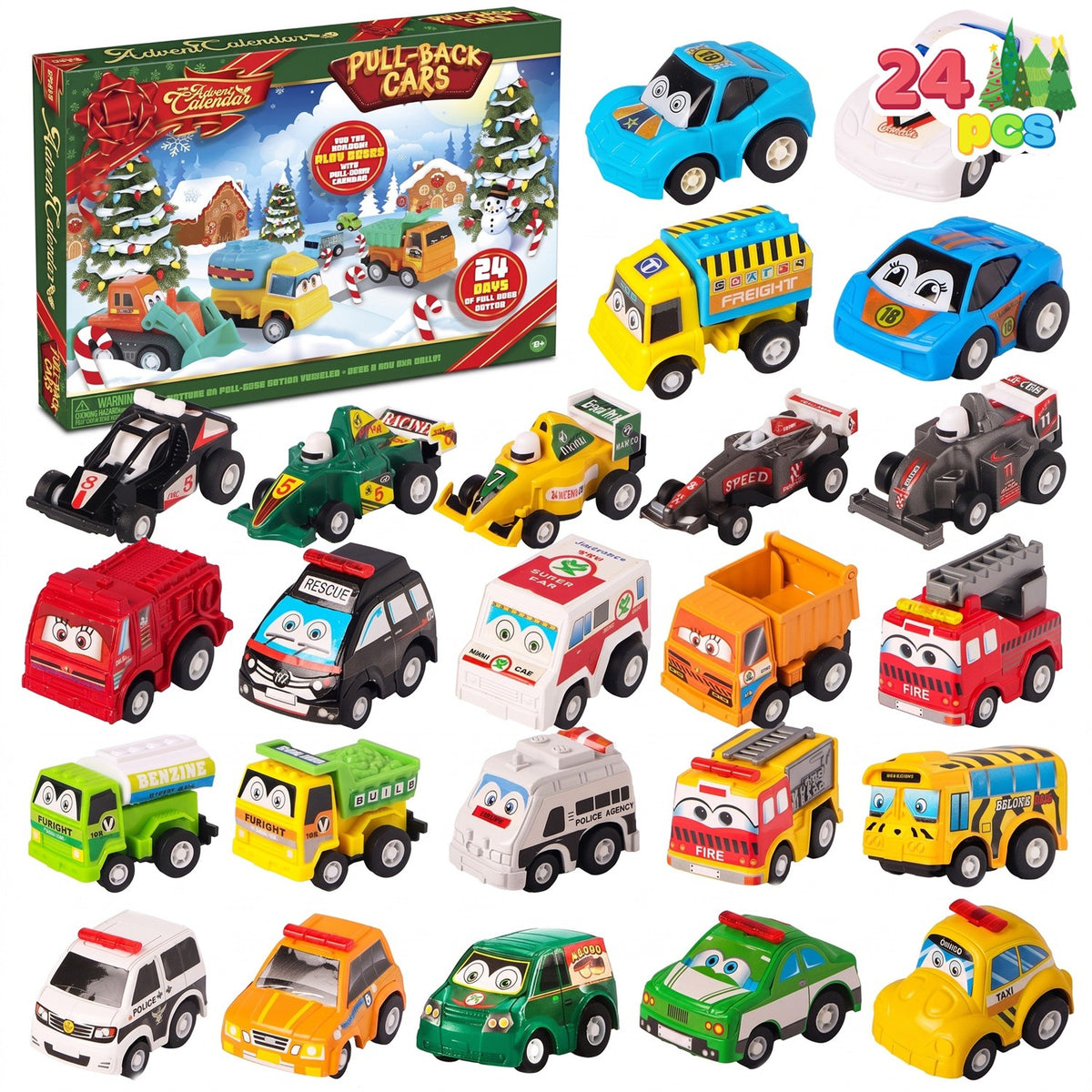 24 Day Toy Car Countdown Calendar with Pull Back Racers and Police Cars