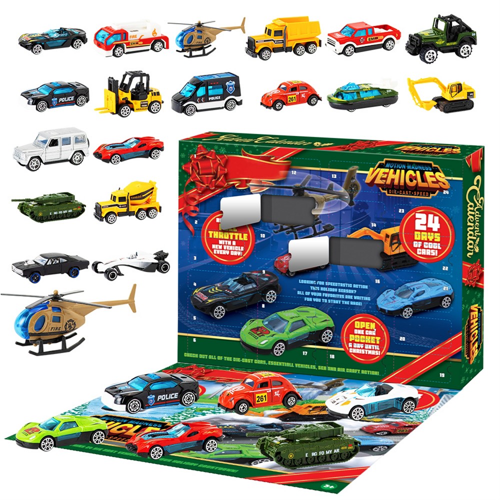 Countdown Calendar with 24 Tiny Car and Truck Toys in 1 to 64 Scale for Young Collectors