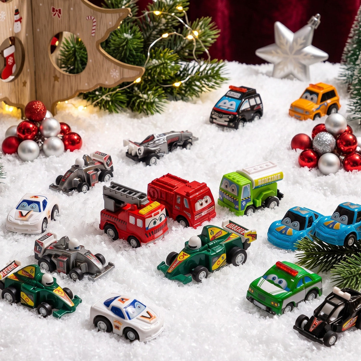 24 Day Toy Car Countdown Calendar with Pull Back Racers and Police Cars