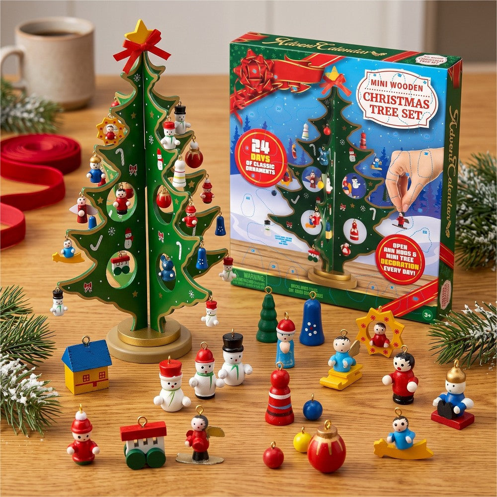 Miniature Wooden Christmas Tree with 24 Ornament Windows to Open and Hang Through December