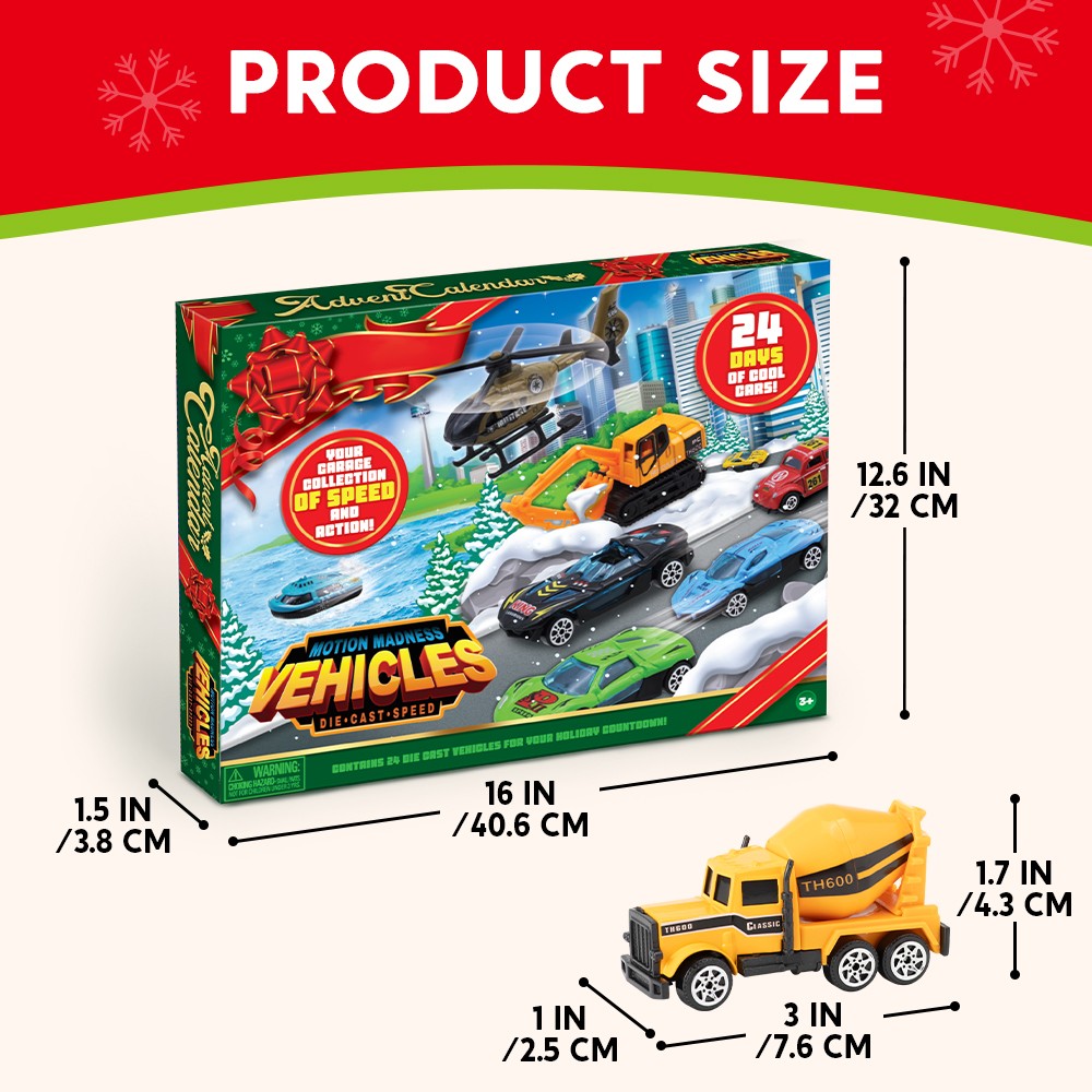 Countdown Calendar with 24 Tiny Car and Truck Toys in 1 to 64 Scale for Young Collectors
