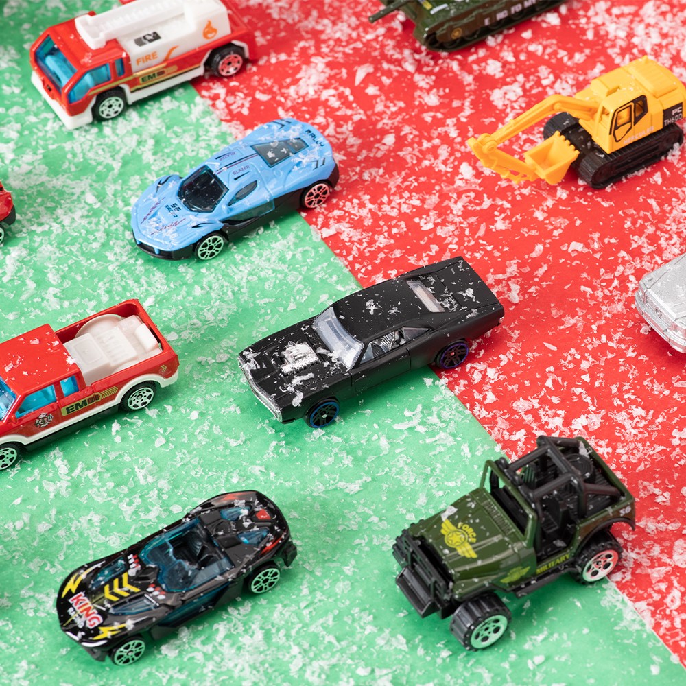 Countdown Calendar with 24 Tiny Car and Truck Toys in 1 to 64 Scale for Young Collectors
