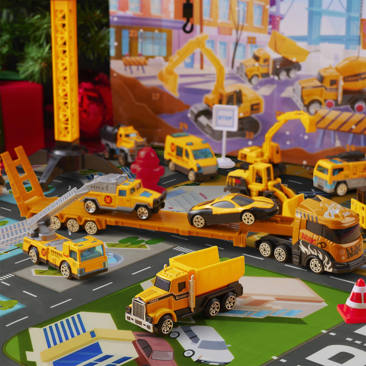 Christmas Countdown Calendar with Mini Construction Trucks and Foldable Road Play Mat