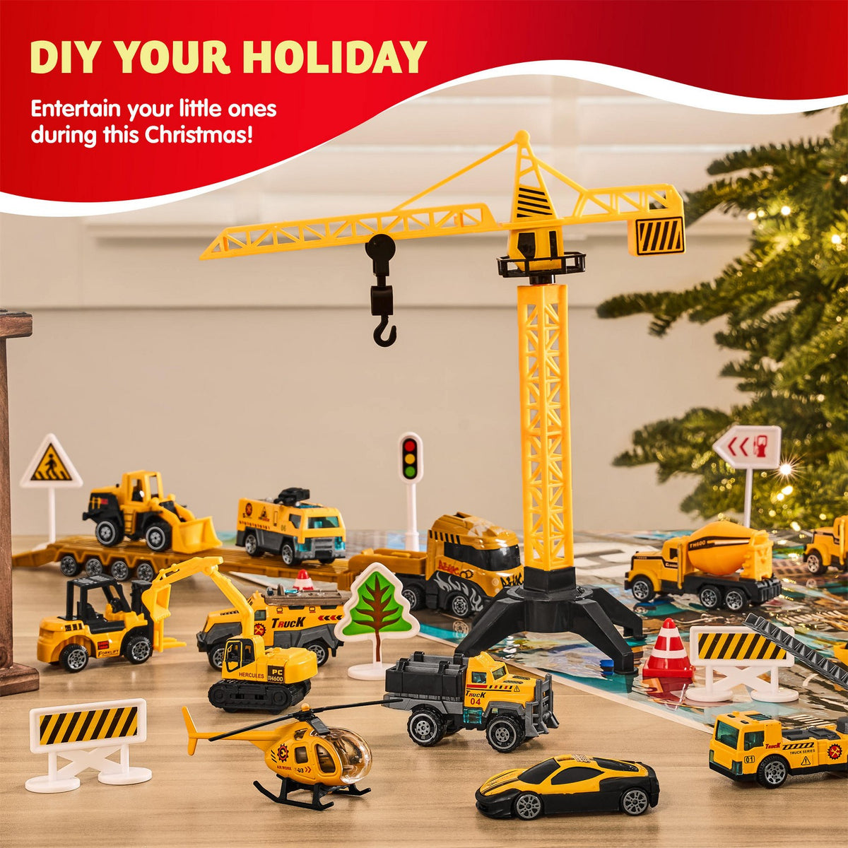 Christmas Countdown Calendar with Mini Construction Trucks and Foldable Road Play Mat
