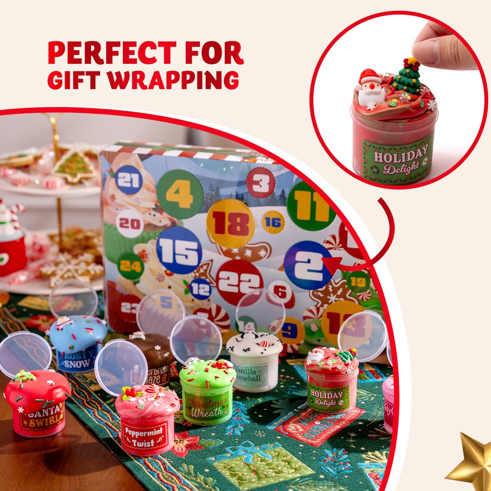 Slime Advent Calendar with Eight Jars and Sixteen Charm and Sprinkle Packs for Holiday Mixing