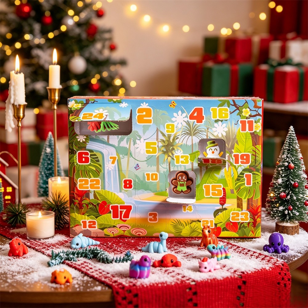 Countdown Calendar with 24 Hard Printed Figures of Animals and Holiday Shapes for Collectors